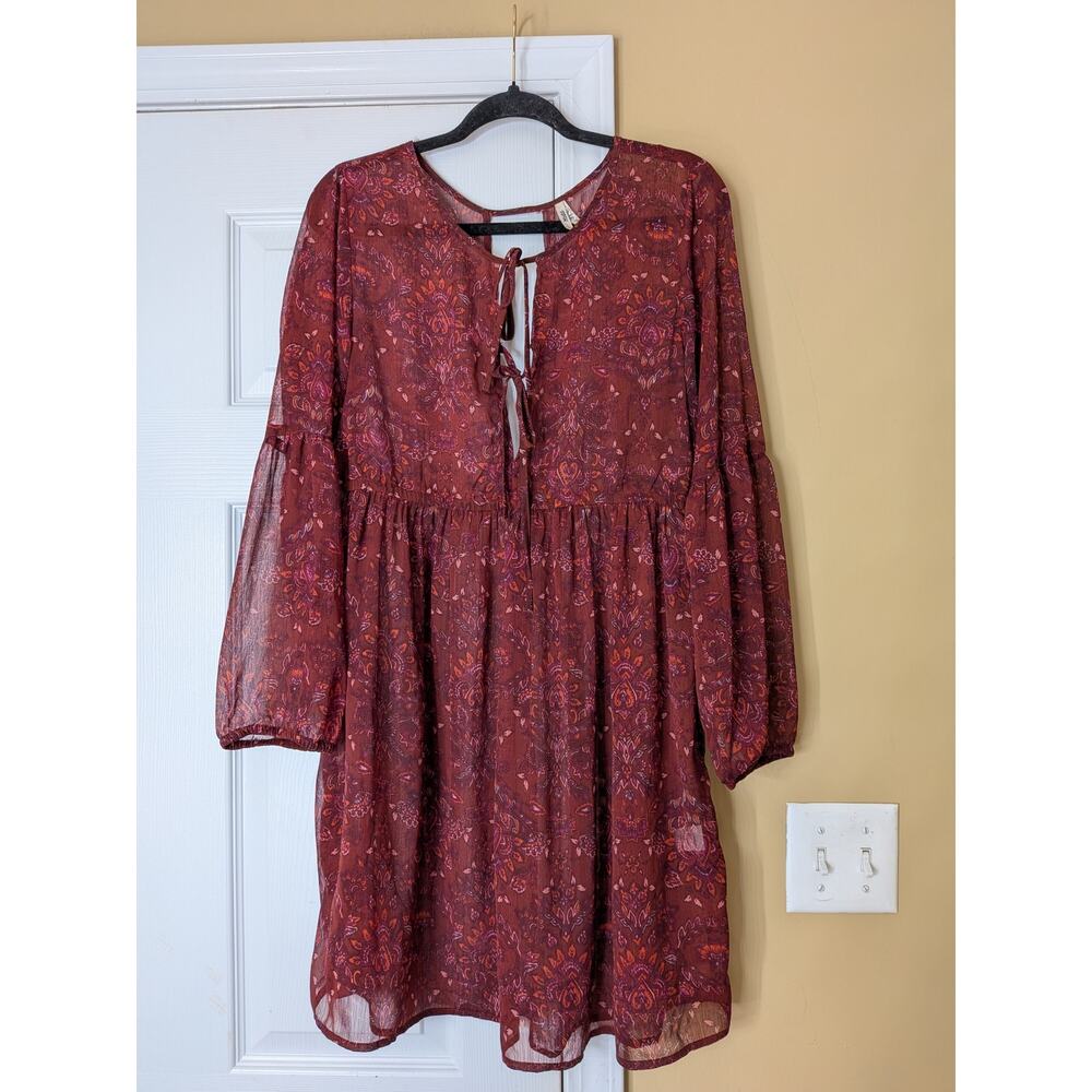 Mudd Sheer Paisley Mini Dress Size Large Burgundy Floral Y2K Vintage Boho Indie